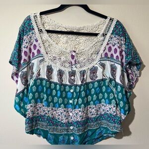 Ali & Kris Green and Purple Dolman Sleeve Blouse Women L Boho Crochet Top Summer